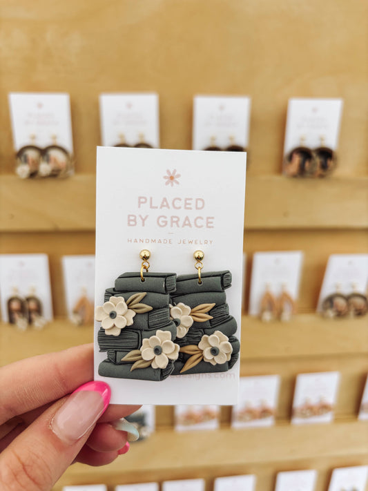 Floral Book Stack Earrings, bookish, book jewelry