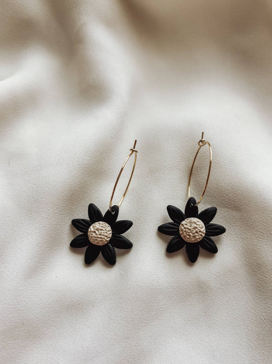 Black Daisy Hoop Earrings, Fall Earrings, Cottagecore