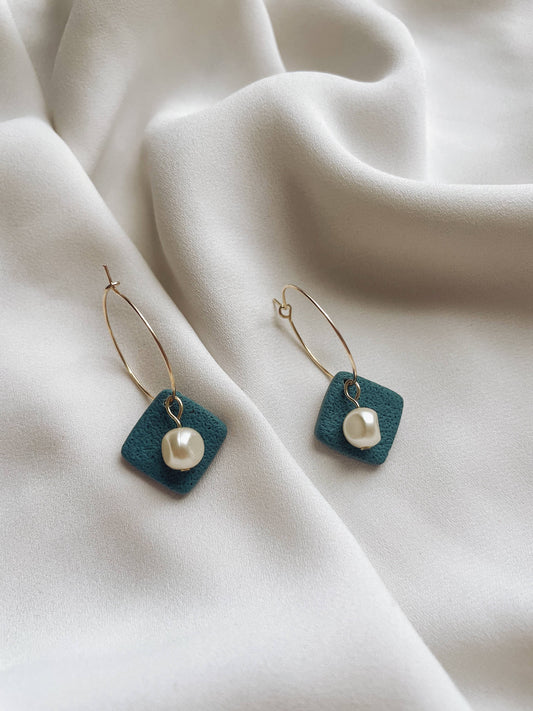 "Colin" I Handmade Blue Clay Hoop Earrings with Pearl Detail