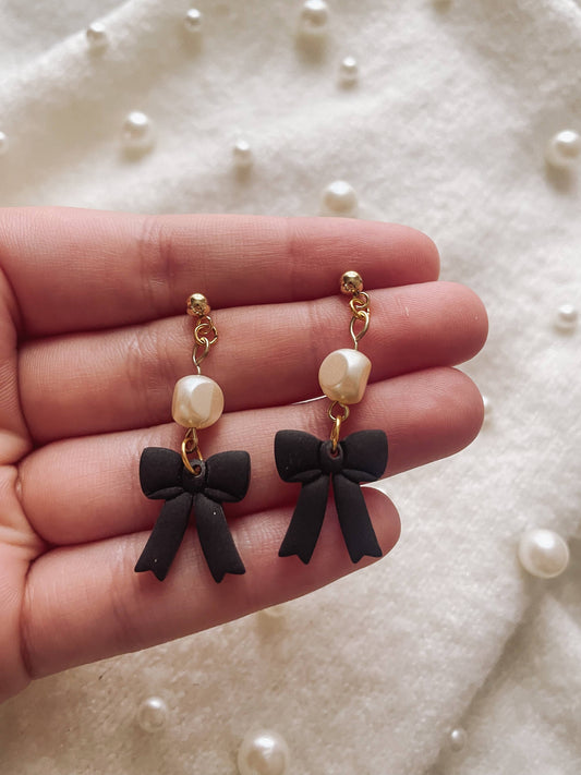 Black Bow Earrings with Pearls