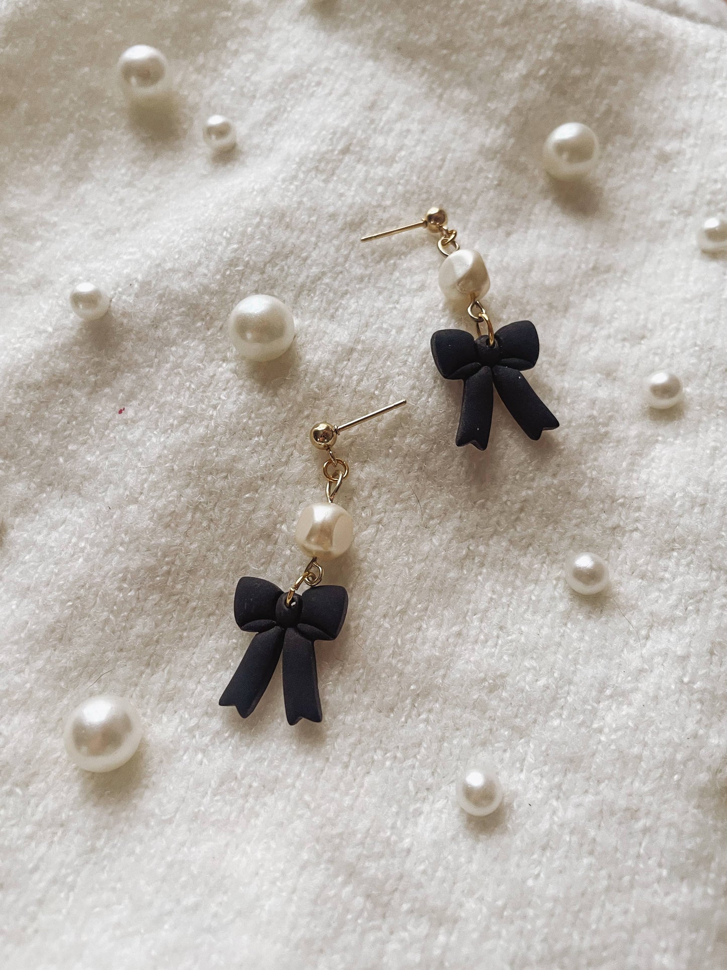 Black Bow Earrings with Pearls
