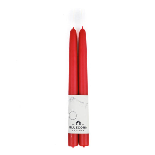 Pair of Hand-Dipped Beeswax Taper Candles: 10" / Red