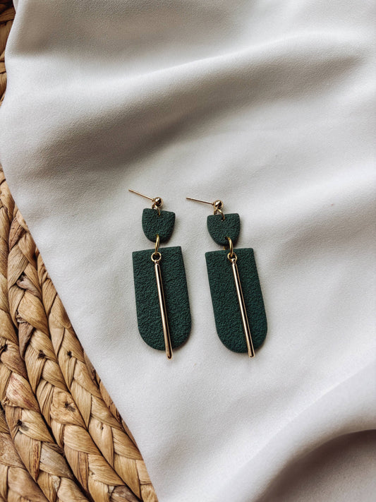 Minimalist Green Earrings with Gold Bars, Fall Earrings
