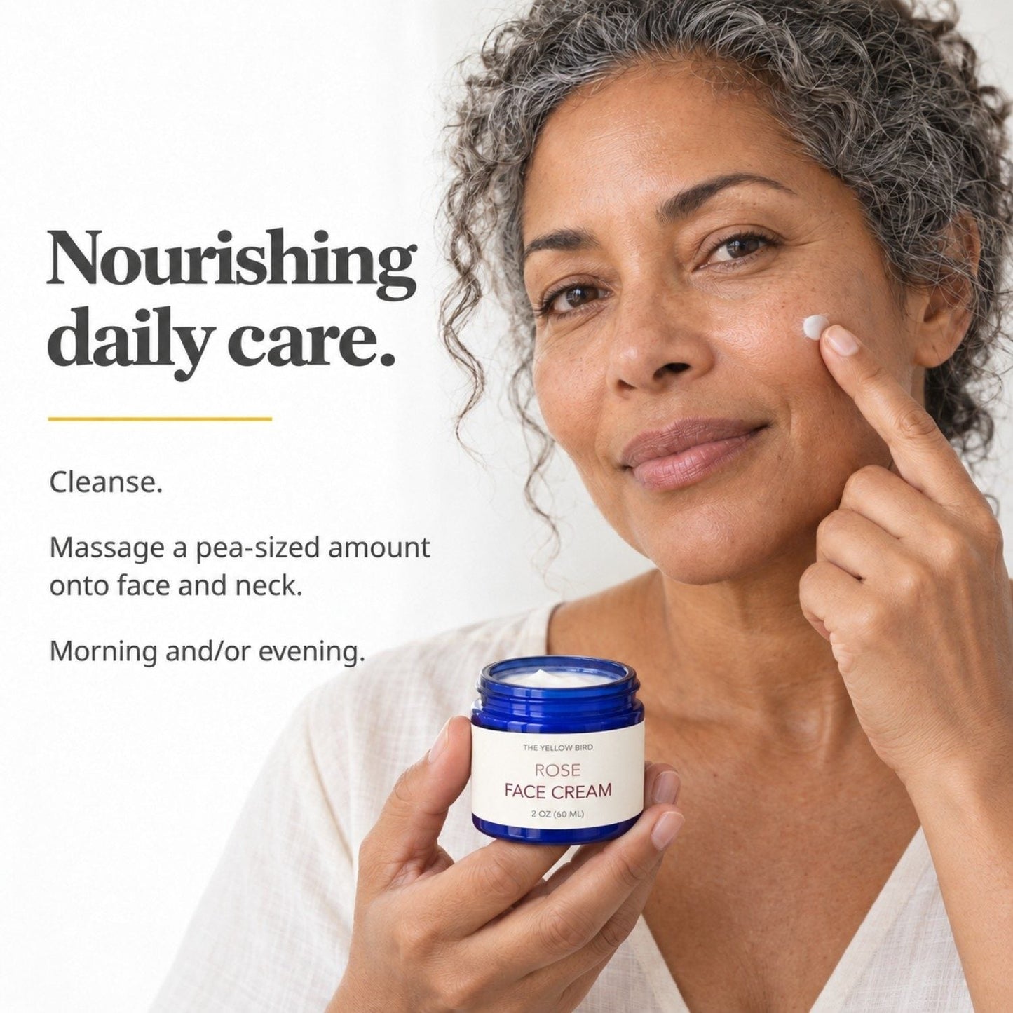 Woman applying Rose Face Cream to her cheek, showing how to use it by The Yellow Bird