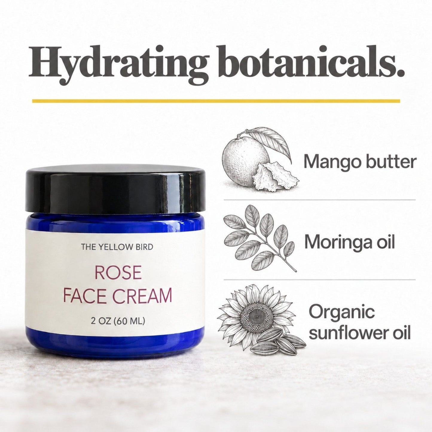 Rose Face Cream with hydrating botanicals mango butter, moringa oil and organic sunflower oil by The Yellow Bird