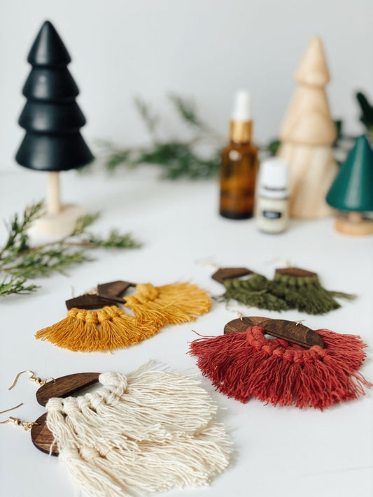 Wood and Fringe Macrame Earrings